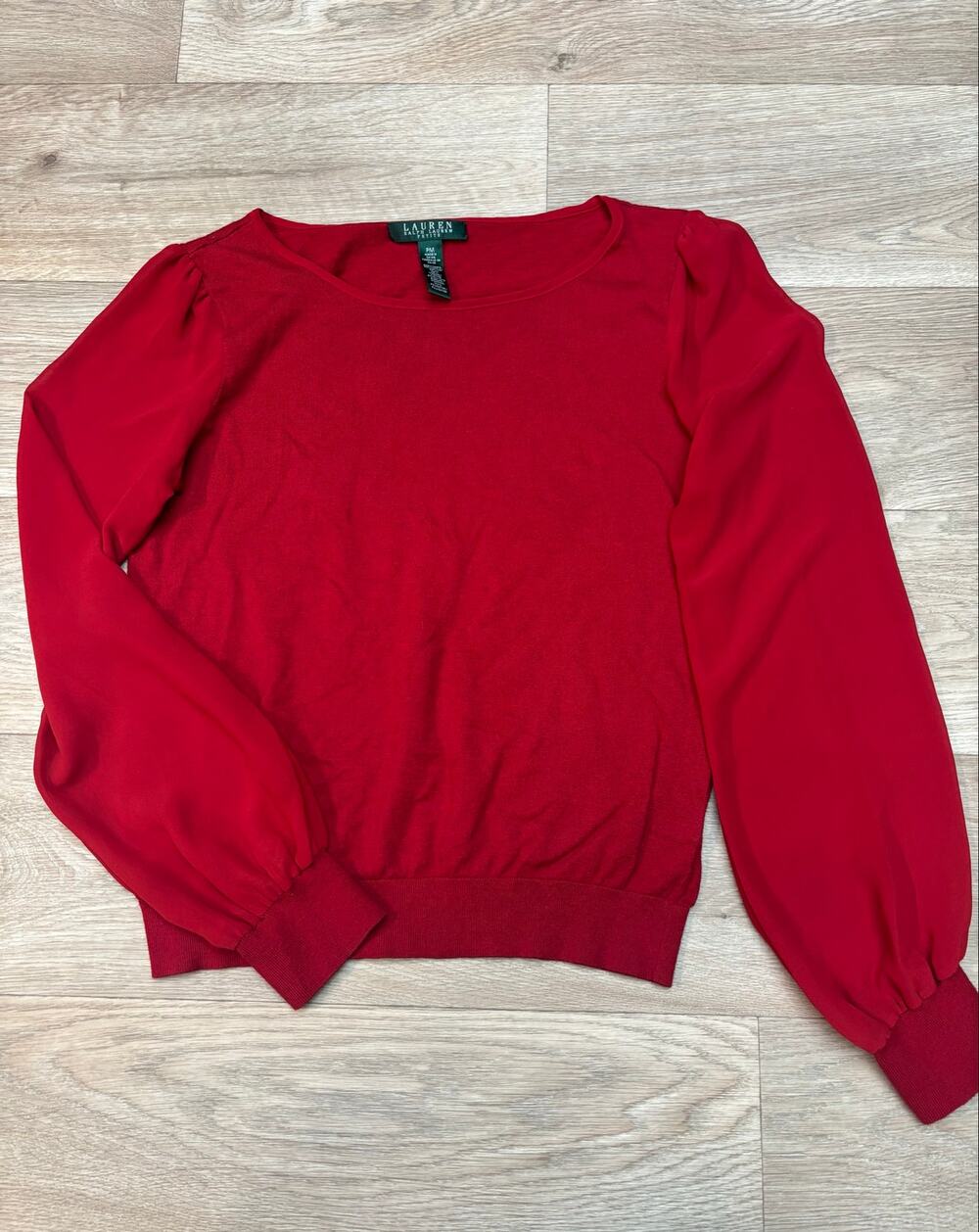 Lauren Ralph Lauren Petite Red Long Chiffon Sleeve Sweater Top Size PM